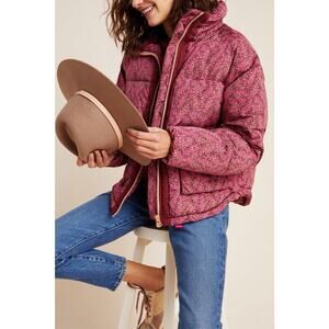Anthropologie Numph Lillie Floral Puffer Jacket Pink Red XSP